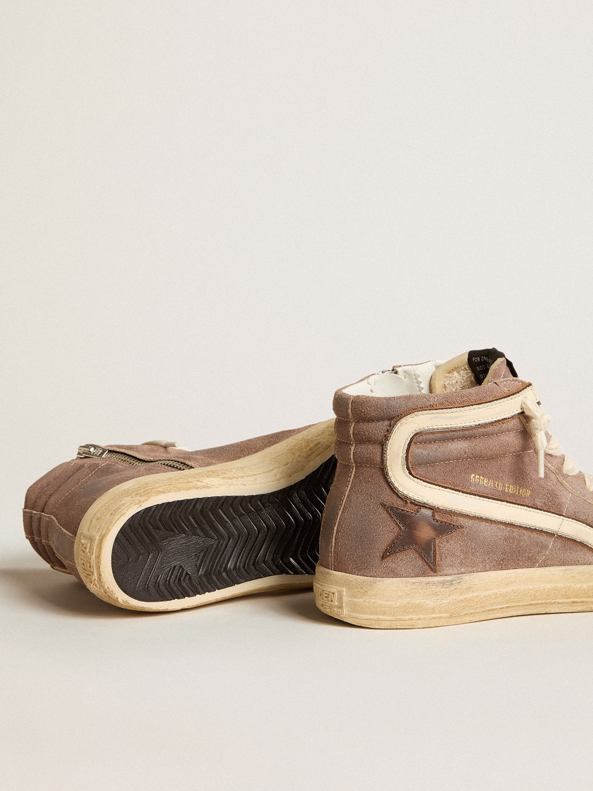 Women s Slide LTD in brown suede with leather star and flash Golden Goose