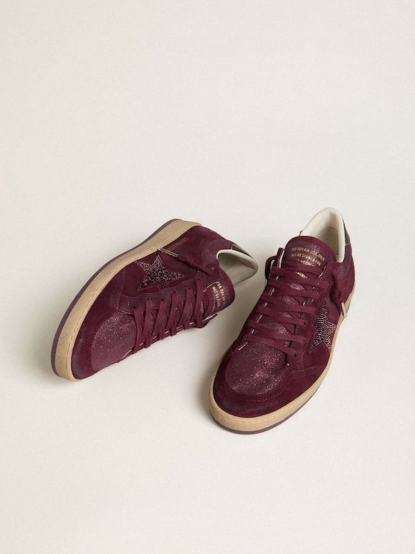 Golden Goose - Women's Ball Star in burgundy suede with crystal star and metallic leather heel tab in 