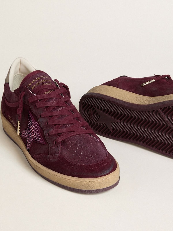 Golden Goose - Women's Ball Star in burgundy suede with crystal star and metallic leather heel tab in 