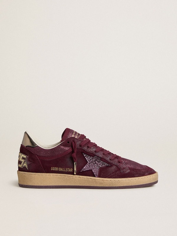 Golden Goose - Women's Ball Star in burgundy suede with crystal star and metallic leather heel tab in 