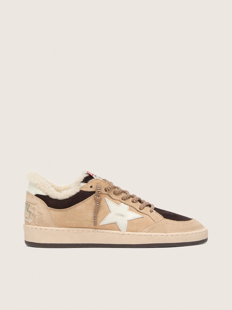 Golden Goose - Ball Star LTD donna in suede beige e marrone con stella bianca e fodera in shearling in 