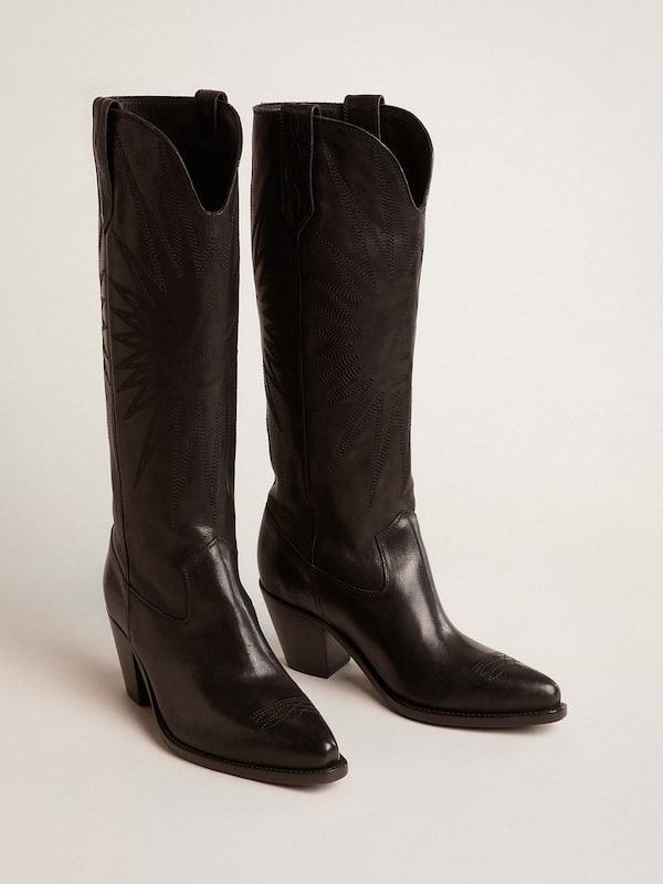 Golden Goose - Women's Wish Star boots in black leather with tone-on-tone embroidered star in 