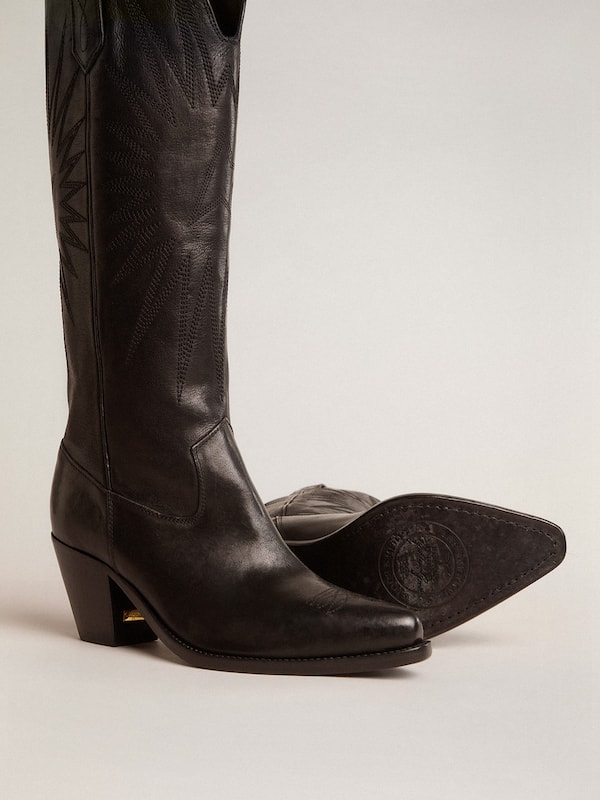 Golden Goose - Women's Wish Star boots in black leather with tone-on-tone embroidered star in 