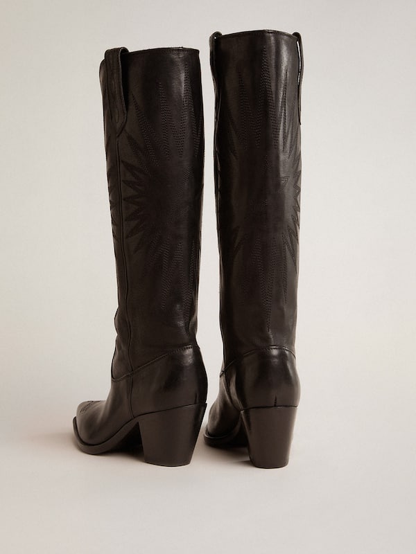 Golden Goose - Women's Wish Star boots in black leather with tone-on-tone embroidered star in 