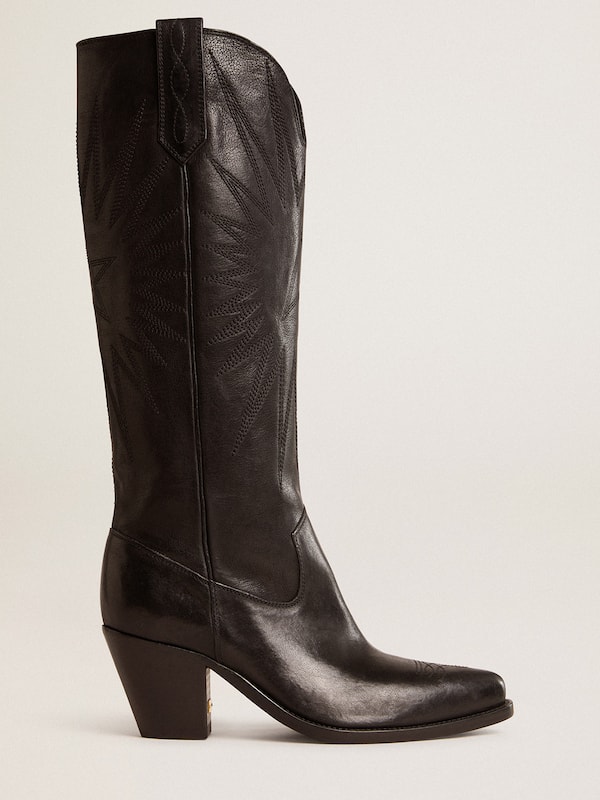 Golden Goose - Women's Wish Star boots in black leather with tone-on-tone embroidered star in 