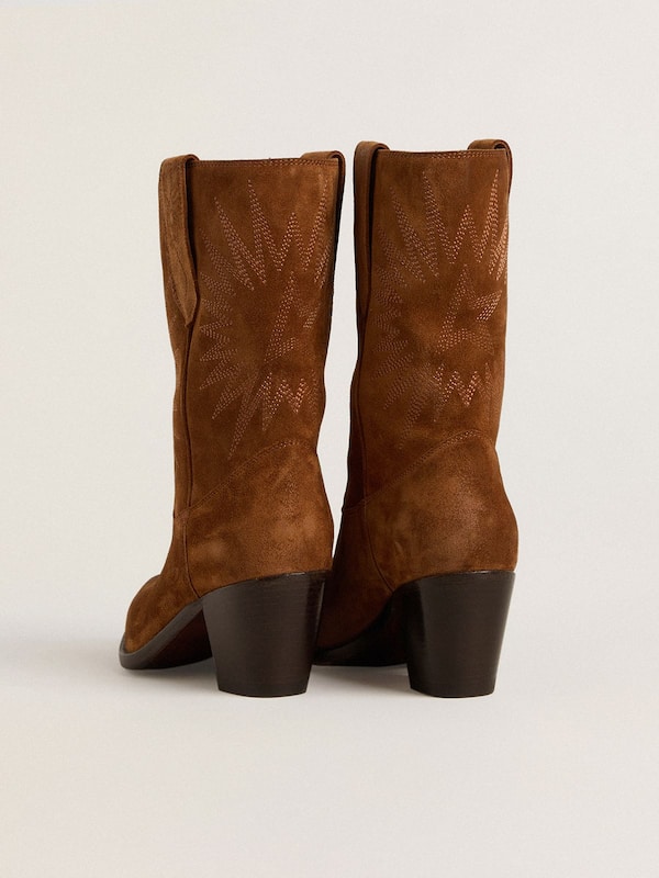 Golden Goose - Women's low Wish Star boots in cognac-colored suede with star embroidery in 