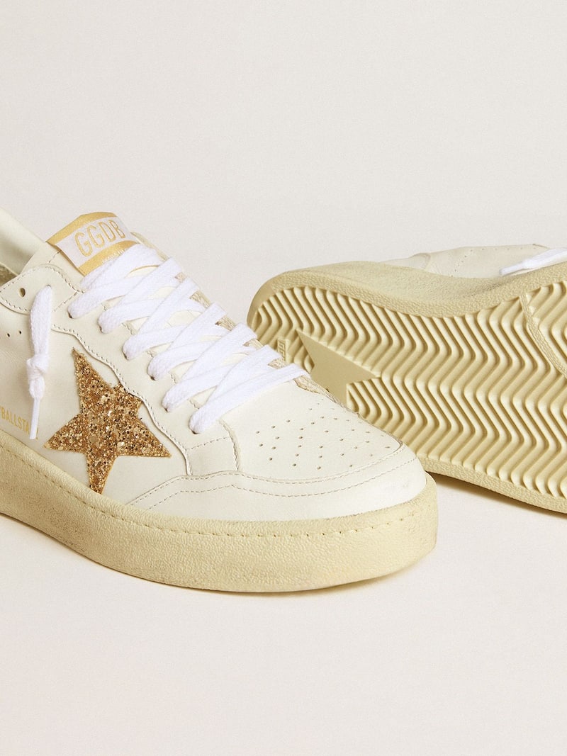 Golden Goose - Women&rsquo;s Ball Star in white leather with gold glitter star and black glitter heel tab in 