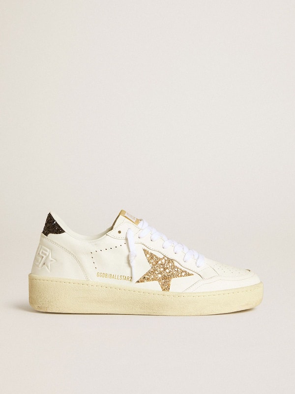 Golden Goose - Women&rsquo;s Ball Star in white leather with gold glitter star and black glitter heel tab in 