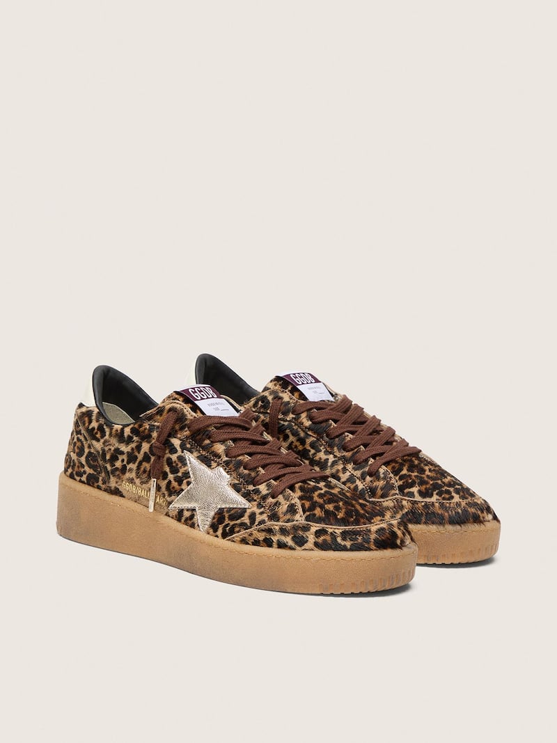 Golden Goose - Women's Ball Star in leopard-print pony skin with platinum leather star and white leather heel tab in 