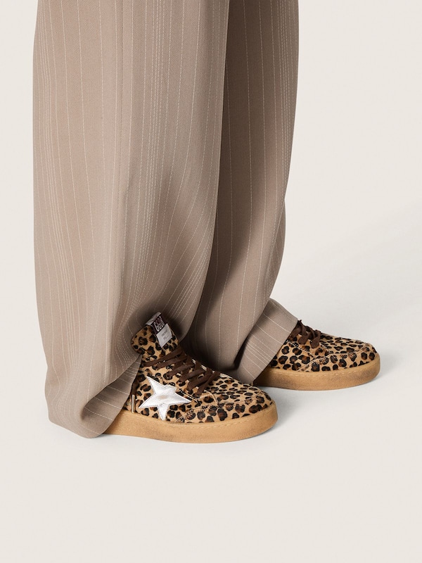 Women's Ball Star in leopard-print pony skin with platinum leather star and white leather heel tab