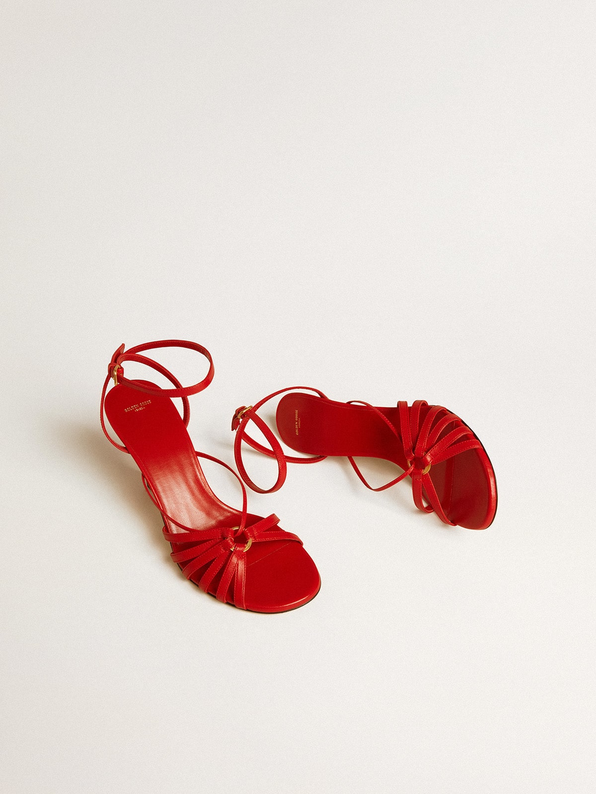 Nico high heel sandals in red nappa leather with gold chain