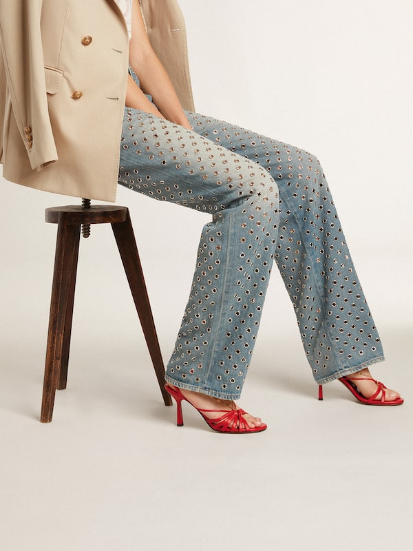 Golden Goose - Nico high heel sandals in red nappa leather with gold chain in 