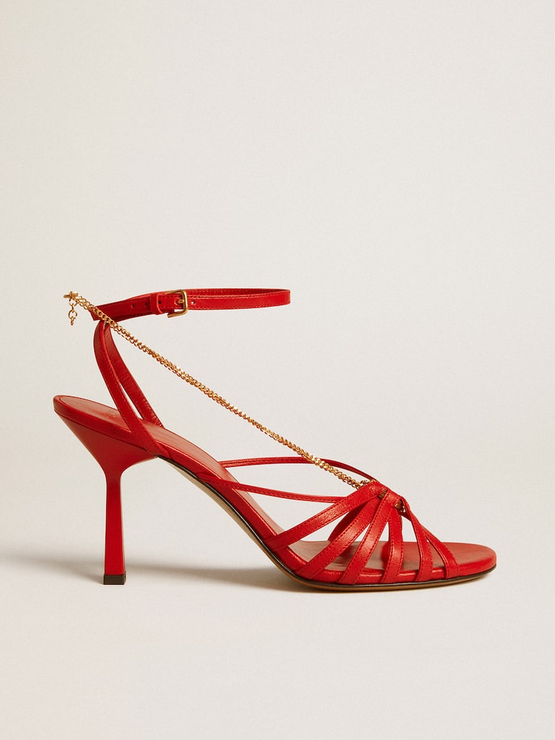 Nico high heel sandals in red nappa leather with gold chain