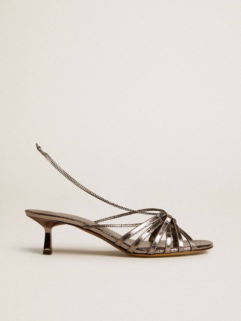 Nico kitten heel sandals in metallic gray leather