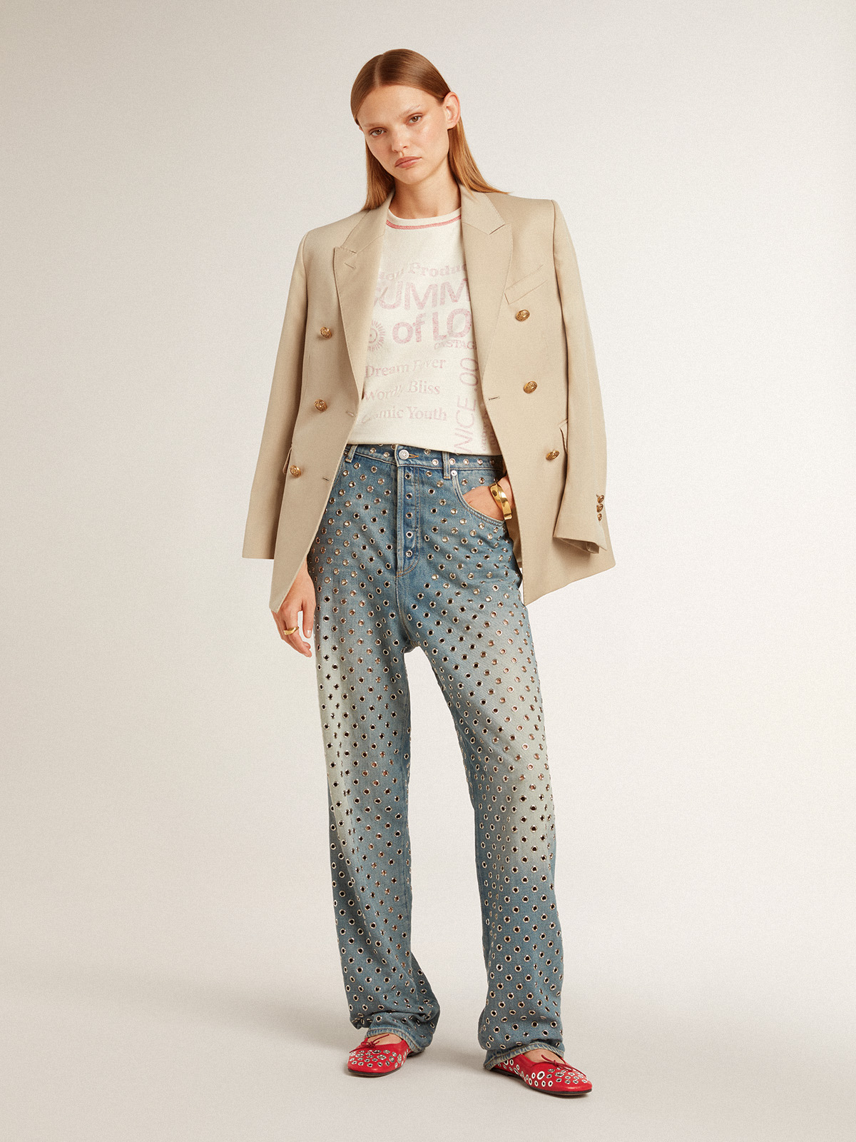 Golden Goose - Bailarinas Amy de napa roja con tachas color plateado in