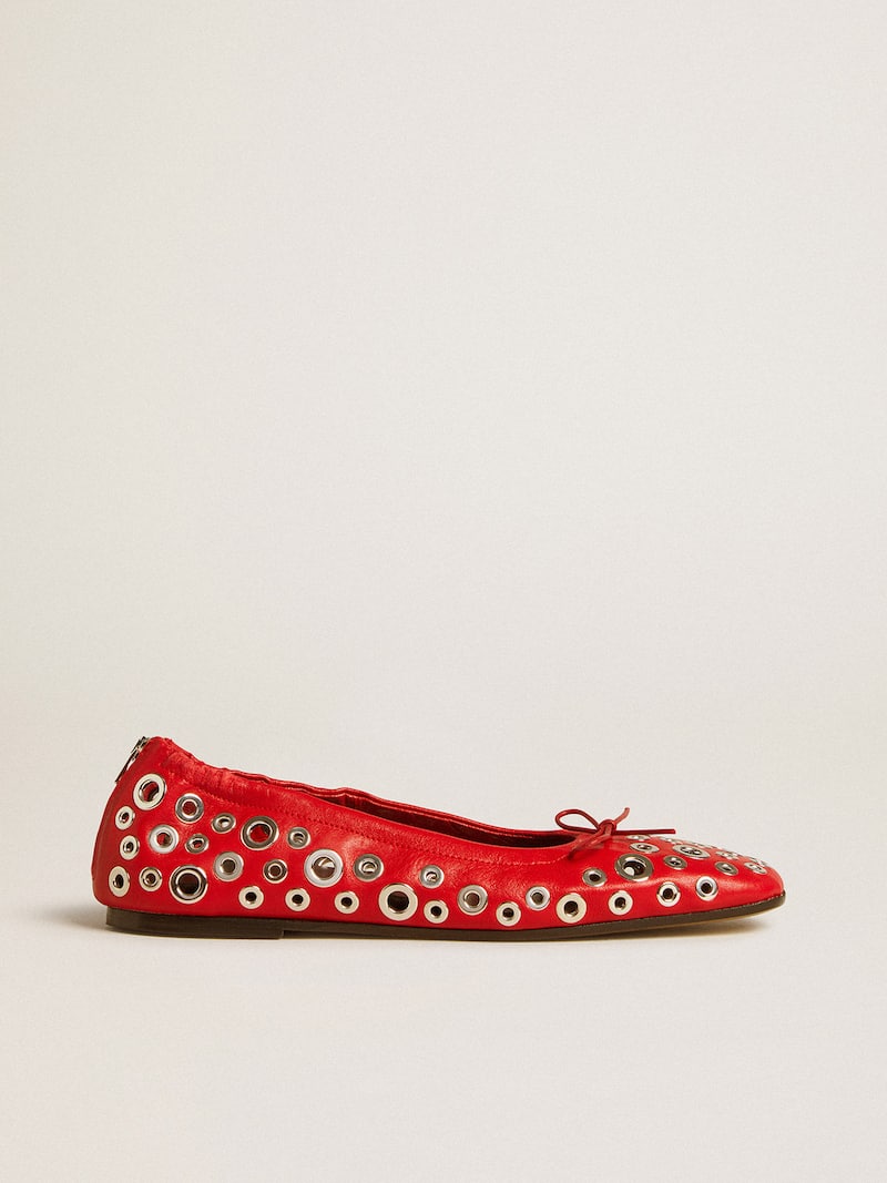 Amy ballet flats in red nappa leather with silver colored studs 