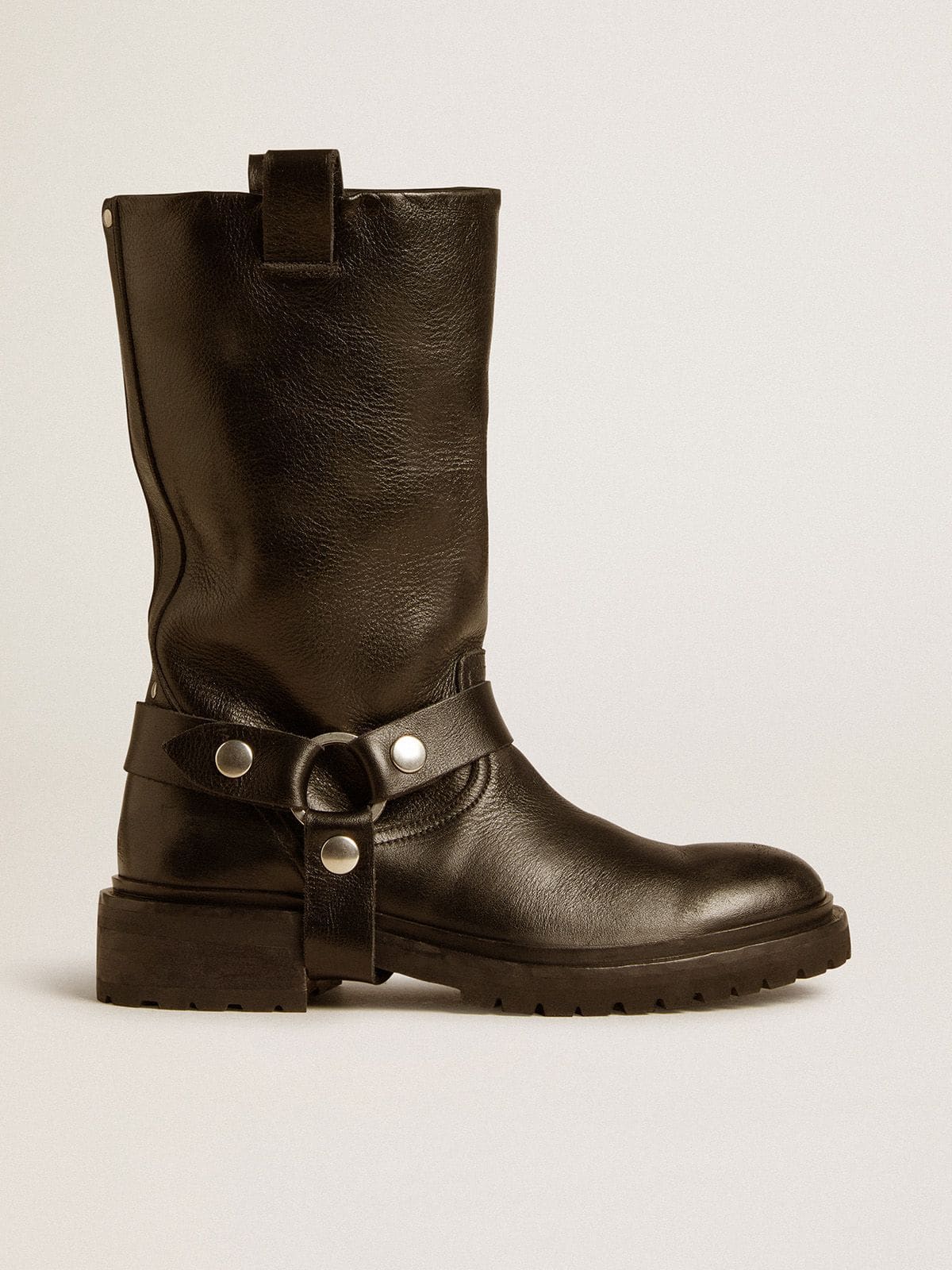 Golden Goose - Bottes Kurt en cuir noir brillant avec boucle et cabochons argentés in 
