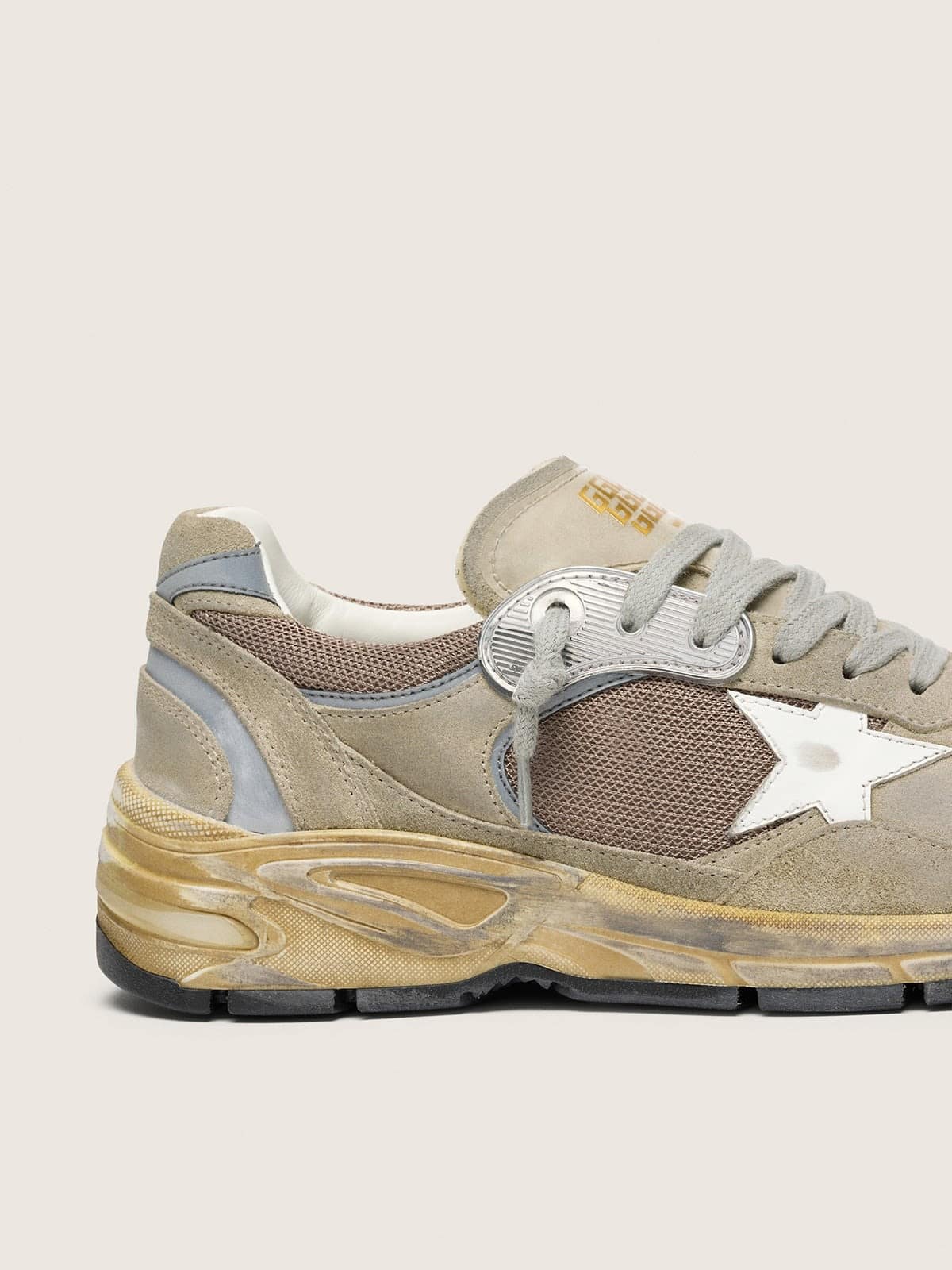 Golden Goose - Dad-Star Donna in suede tortora e rete argento con stella in pelle bianca e talloncino in suede in 