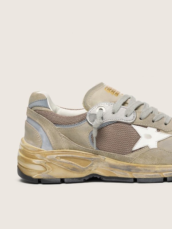 Golden Goose - Women's Dad-Star in dove-gray suede and silver mesh with white leather star and suede heel tab in 