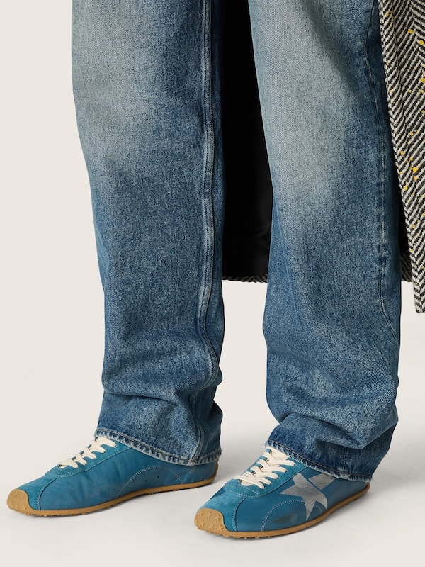 Marathon Donna in nappa blu con stella stampata e talloncino in pelle argento