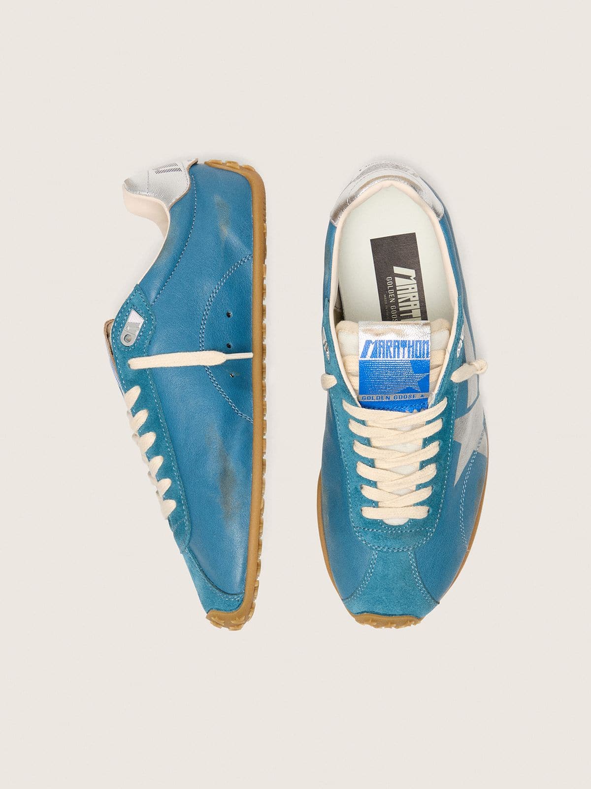 Golden Goose - Marathon Donna in nappa blu con stella stampata e talloncino in pelle argento in 