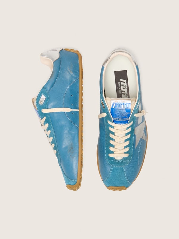 Golden Goose - Women's Marathon Speed in blue nappa with printed star and silver leather heel tab in 