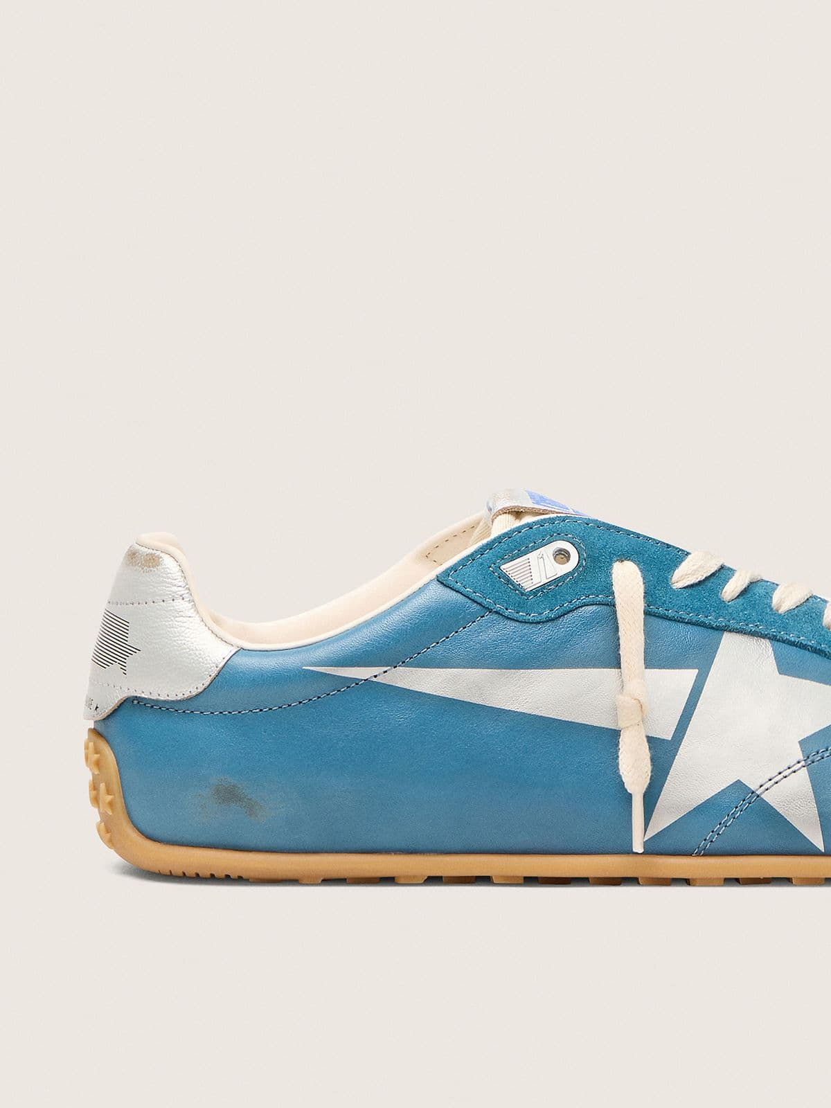 Golden Goose - Marathon Donna in nappa blu con stella stampata e talloncino in pelle argento in 