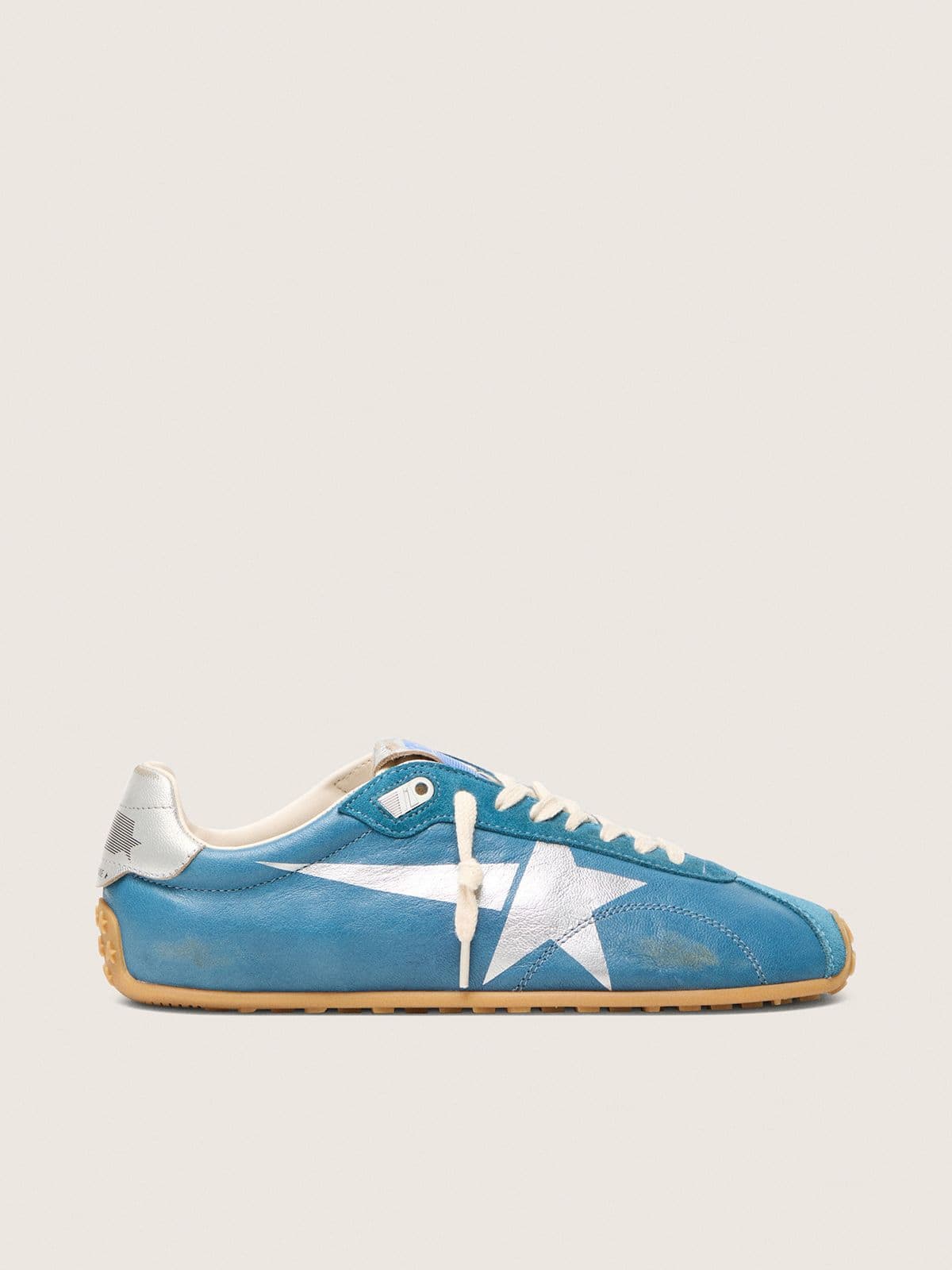Golden Goose - Marathon Donna in nappa blu con stella stampata e talloncino in pelle argento in 