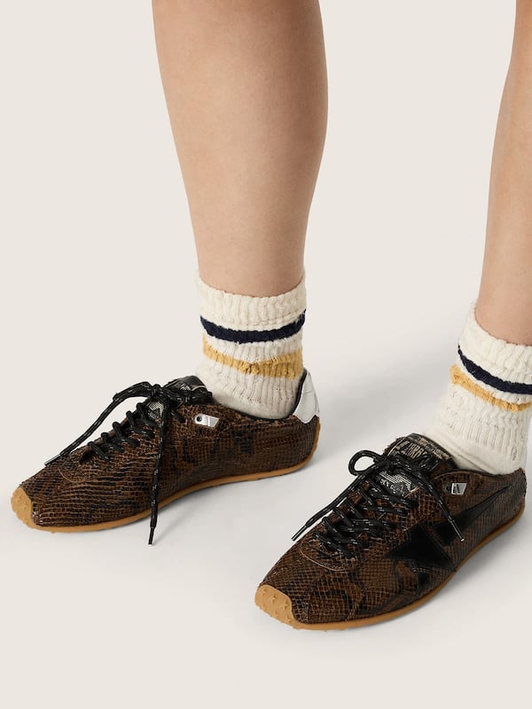 Marathon Speed Donna in pelle con stampa pitonata marrone con stella nera e talloncino in pelle argento