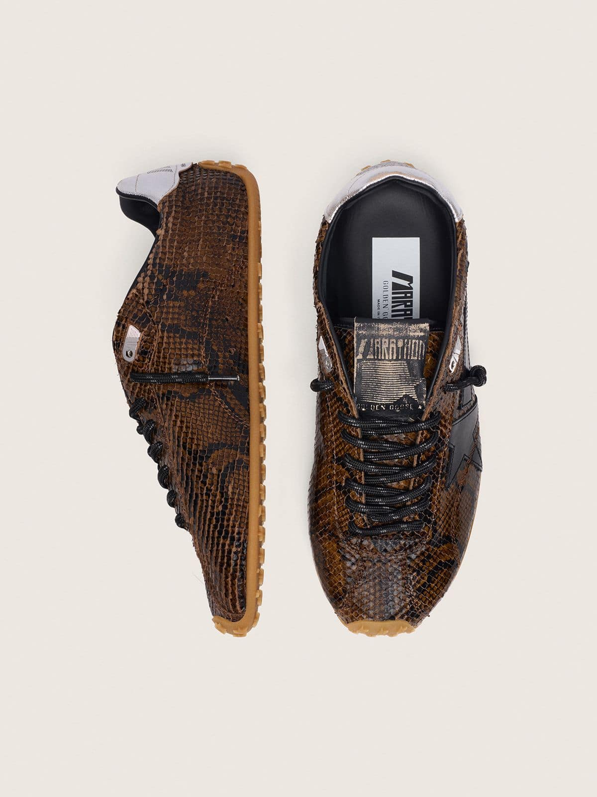 Golden Goose - Marathon Speed Damen aus Leder mit braunem Pythonprint, schwarzem Stern und silberfarbener Lederferse in 