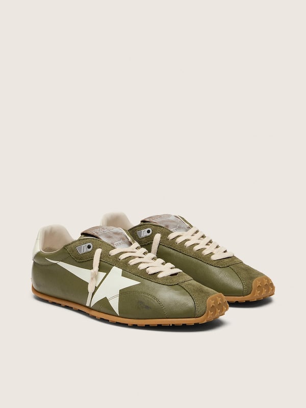 Golden Goose - Women&rsquo;s Marathon Speed in olive-green leather with cream star in 