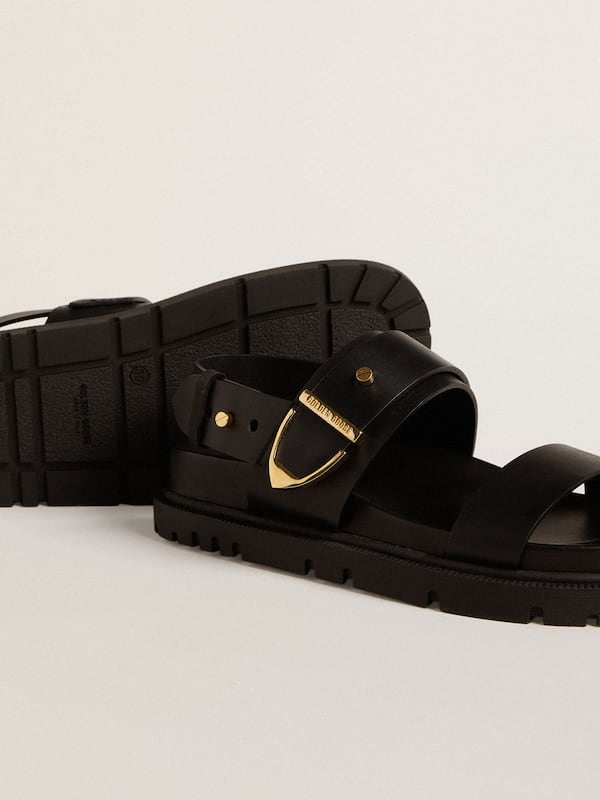 Golden Goose - Women's Lucy sandal in glossy black leather with gold metal buckle in 