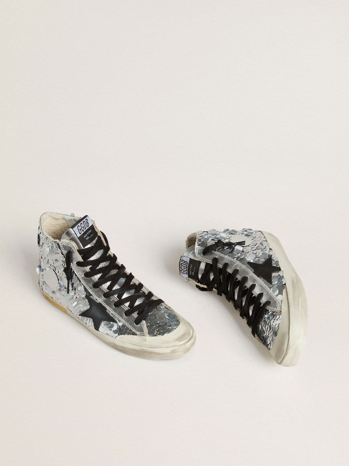 Golden Goose - Women’s Francy in nylon with all-over silver sequins and black leather star  in 