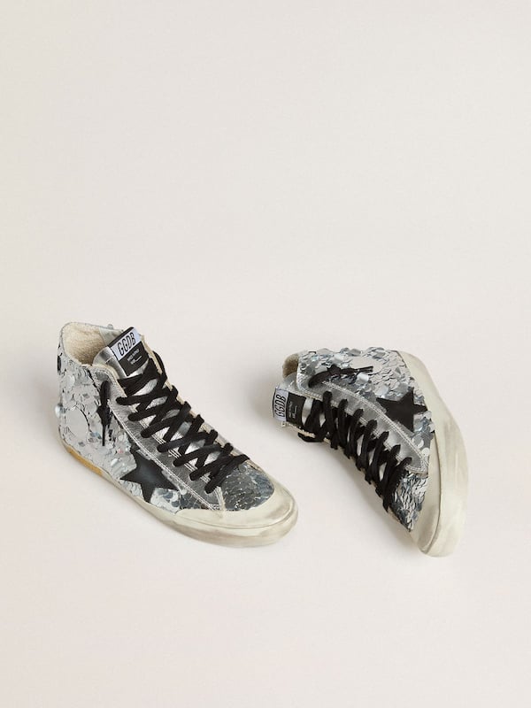 Golden Goose - Women’s Francy in nylon with all-over silver sequins and black leather star in 
