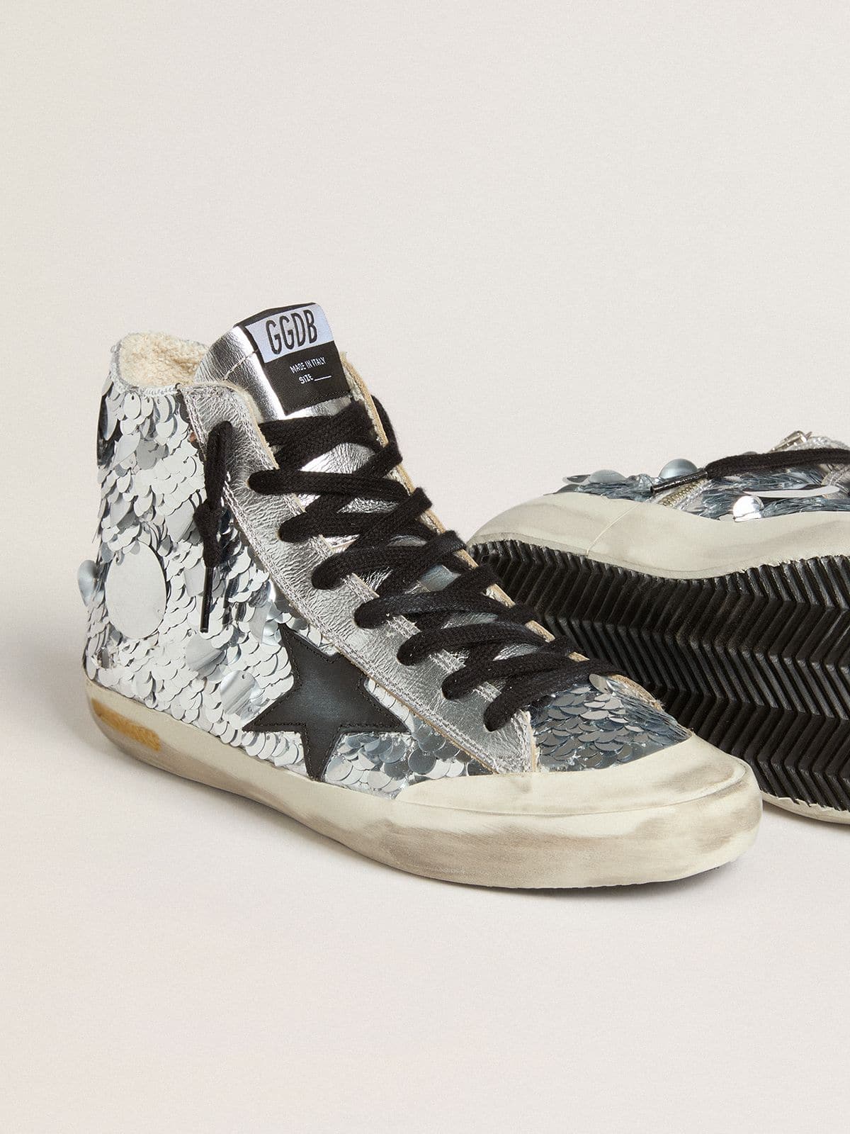 Golden Goose - Women’s Francy in nylon with all-over silver sequins and black leather star  in 