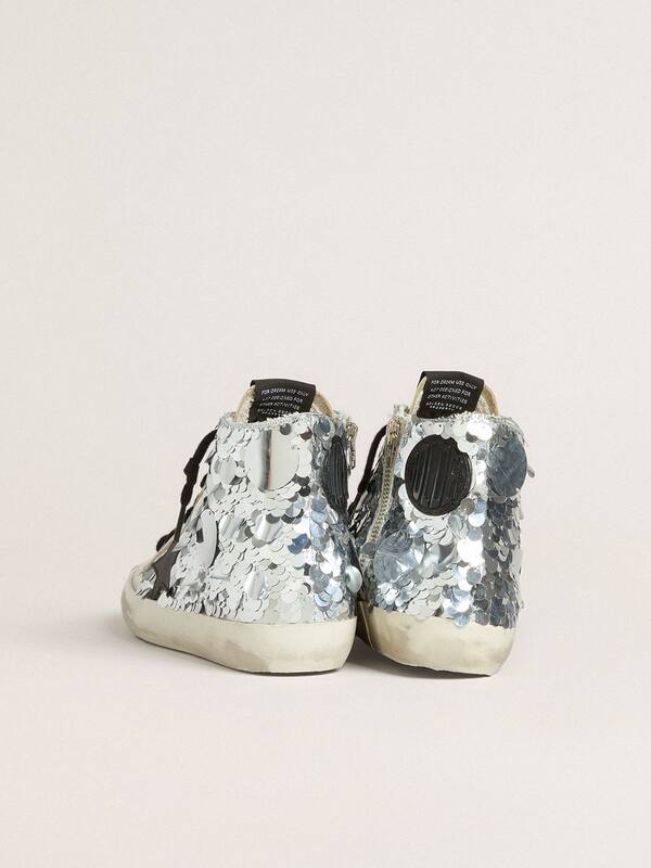 Golden Goose - Women’s Francy in nylon with all-over silver sequins and black leather star in 