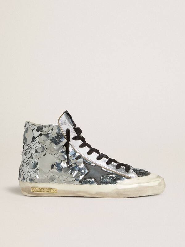 Golden Goose - Women’s Francy in nylon with all-over silver sequins and black leather star in 