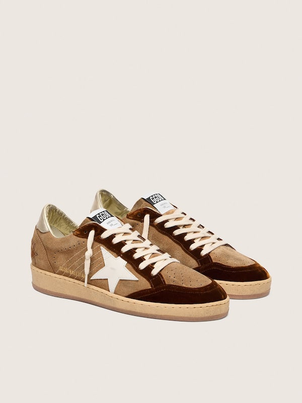 Golden Goose - Women's Ball Star in tobacco suede with white leather star and cognac velvet inserts in 