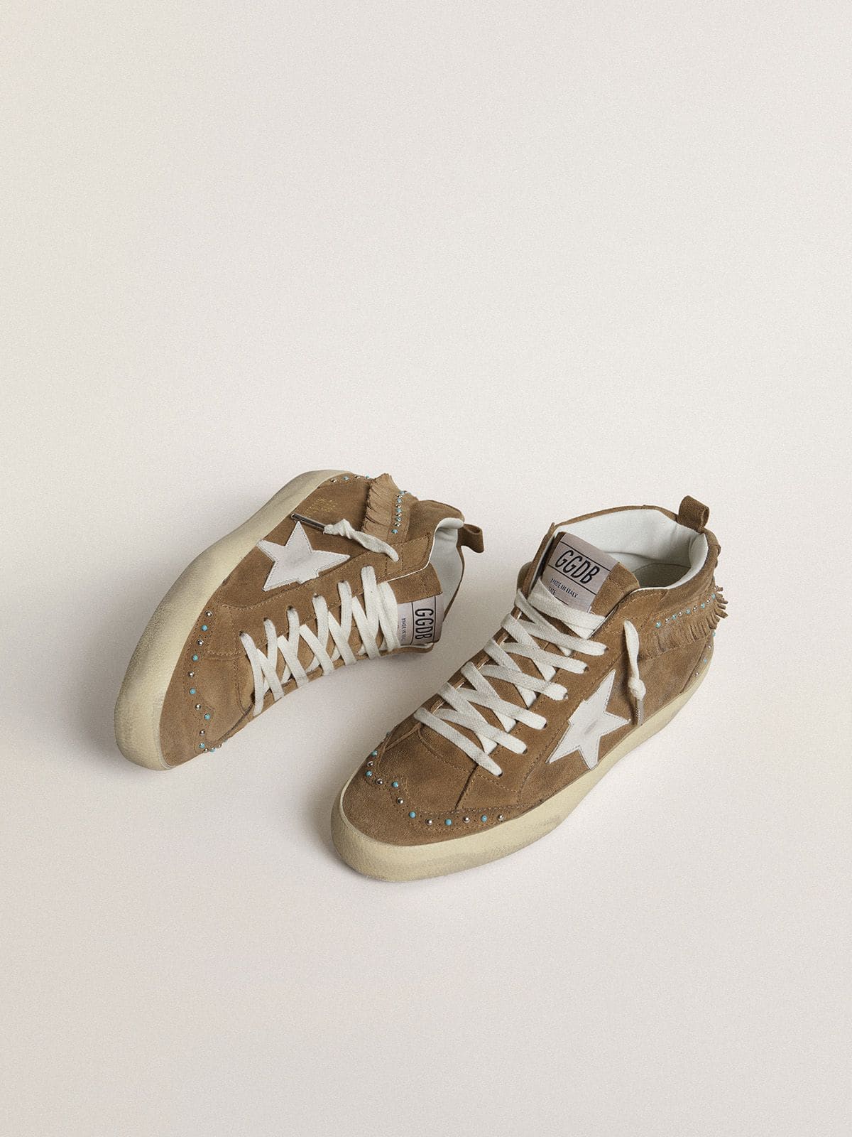Mid Star femme en cuir velours tabac avec franges et cabochons
