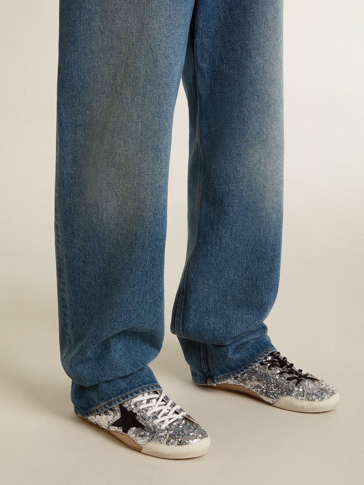 Golden Goose - Women's True-Star in silver sequins with black star and beige leather heel tab in 