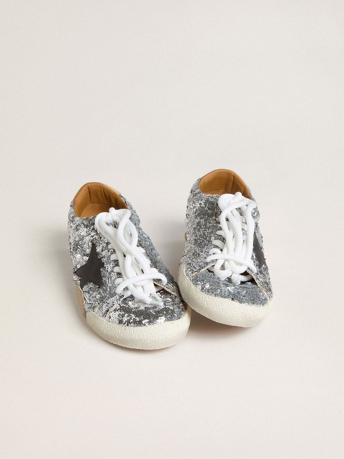 Golden Goose - Women's True-Star in silver sequins with black star and beige leather heel tab in 