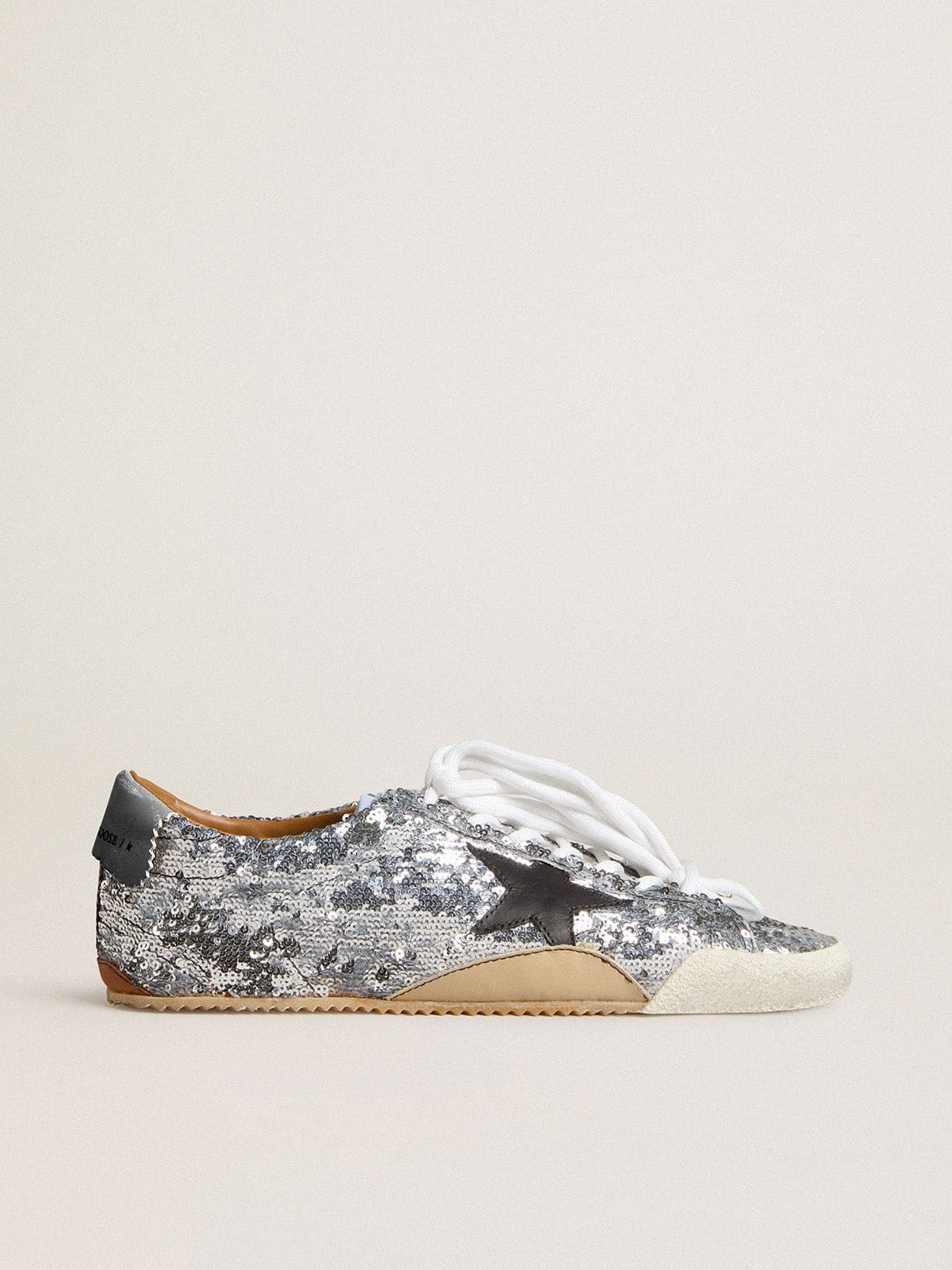 Golden Goose - Women's True-Star in silver sequins with black star and beige leather heel tab in 