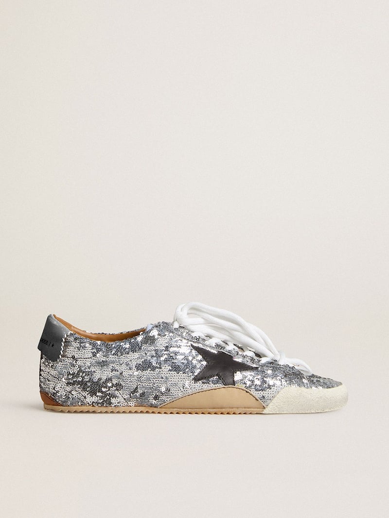 True-Star Donna in paillettes argento con stella color nero e talloncino in pelle beige