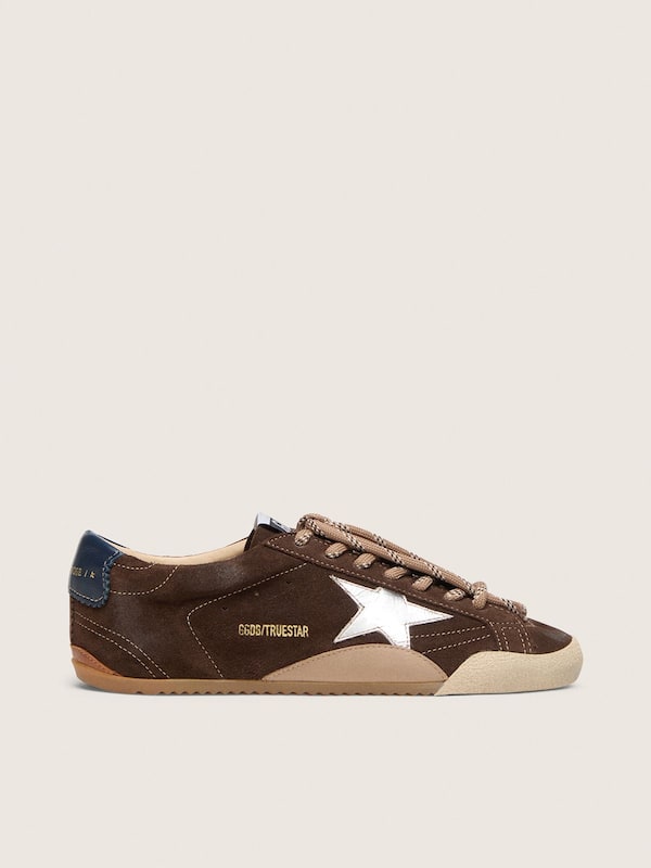 Golden Goose True-Star femme en cuir velours marron avec &eacute;toile argent&eacute;e True-Star brown woman