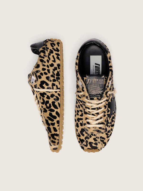 Golden Goose - Women's Marathon Speed in beige and black leopard-print pony skin with black leather star in 