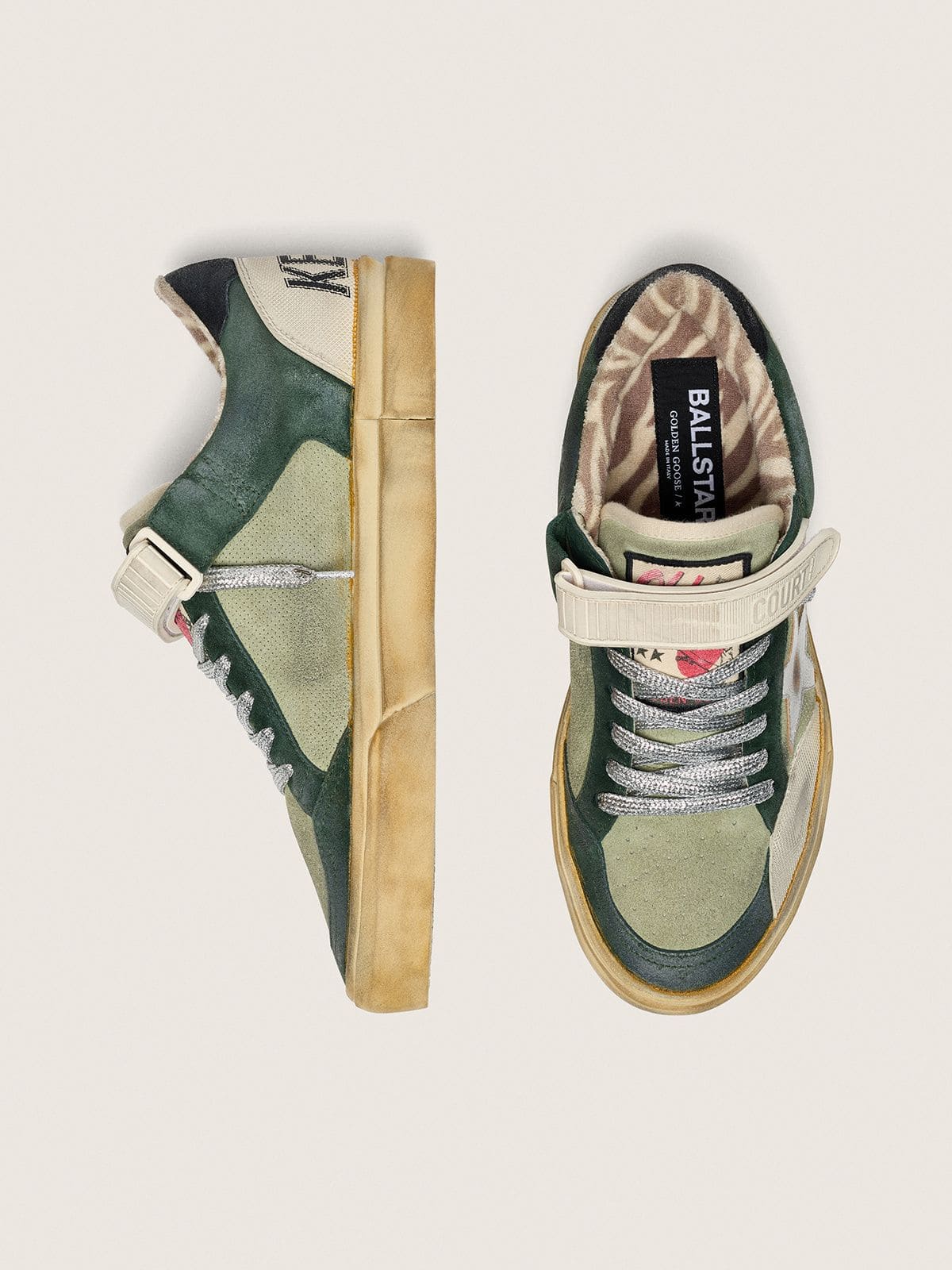 Golden Goose - Ball Star LAB pour femme en cuir velours vert avec &eacute;toile en cuir argent&eacute; et contrefort en cuir velours noir in 