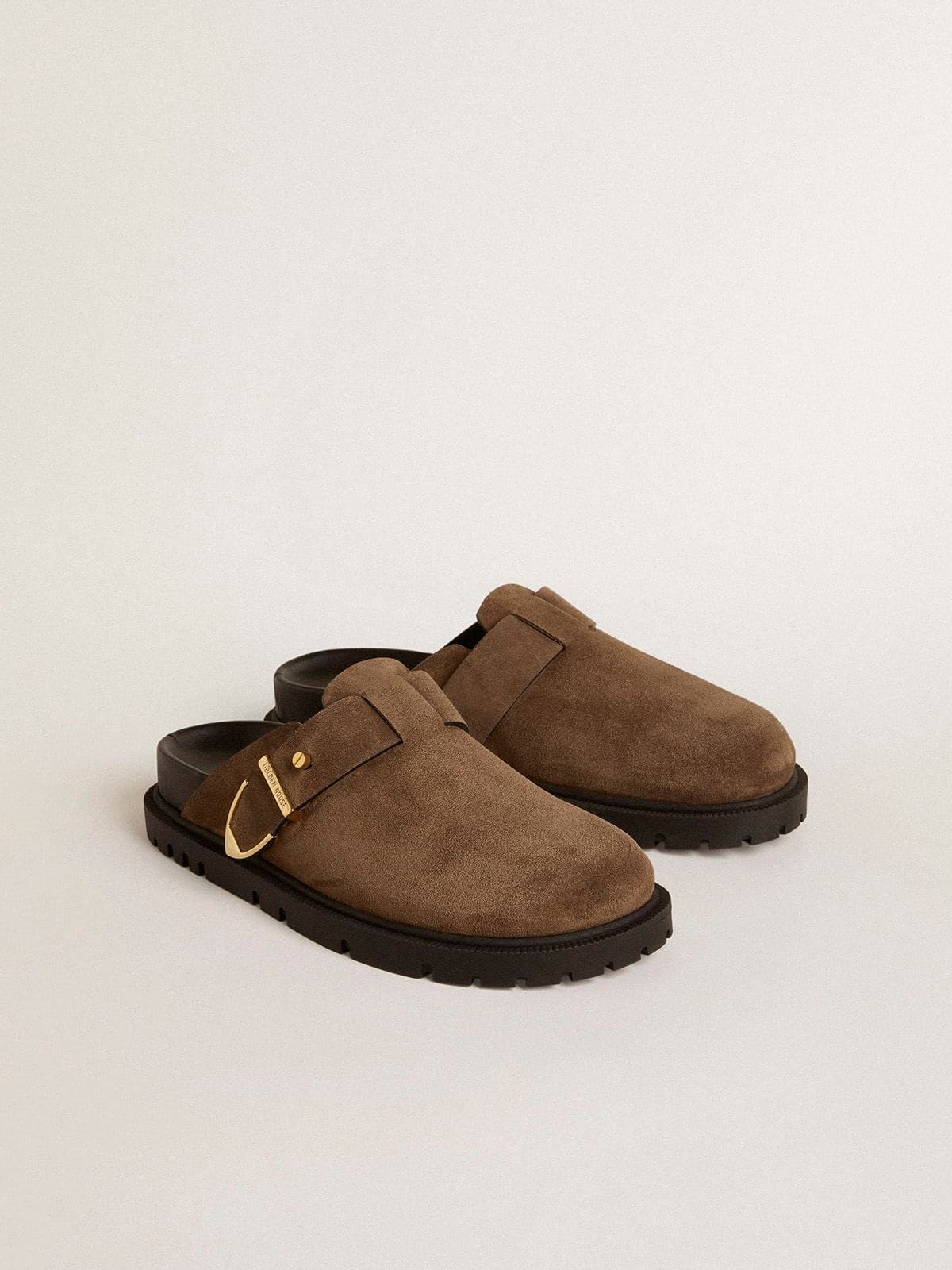 Golden Goose - Women's Lucy Sabot in dove-gray suede with gold metal buckle in 