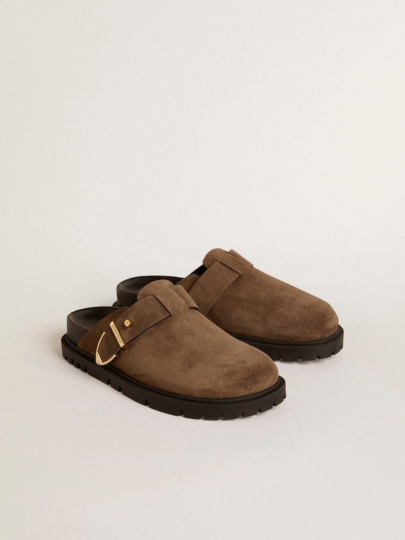 Golden Goose - Sabot Lucy donna in suede tortora con fibbia in metallo dorato in 