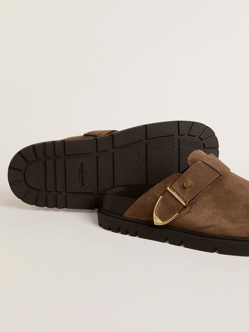 Golden Goose - Sabot Lucy donna in suede tortora con fibbia in metallo dorato in 