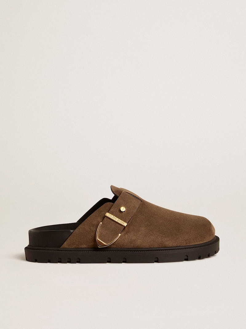 Mule Lucy Feminino de suede havana-rosado com fivela de metal dourado